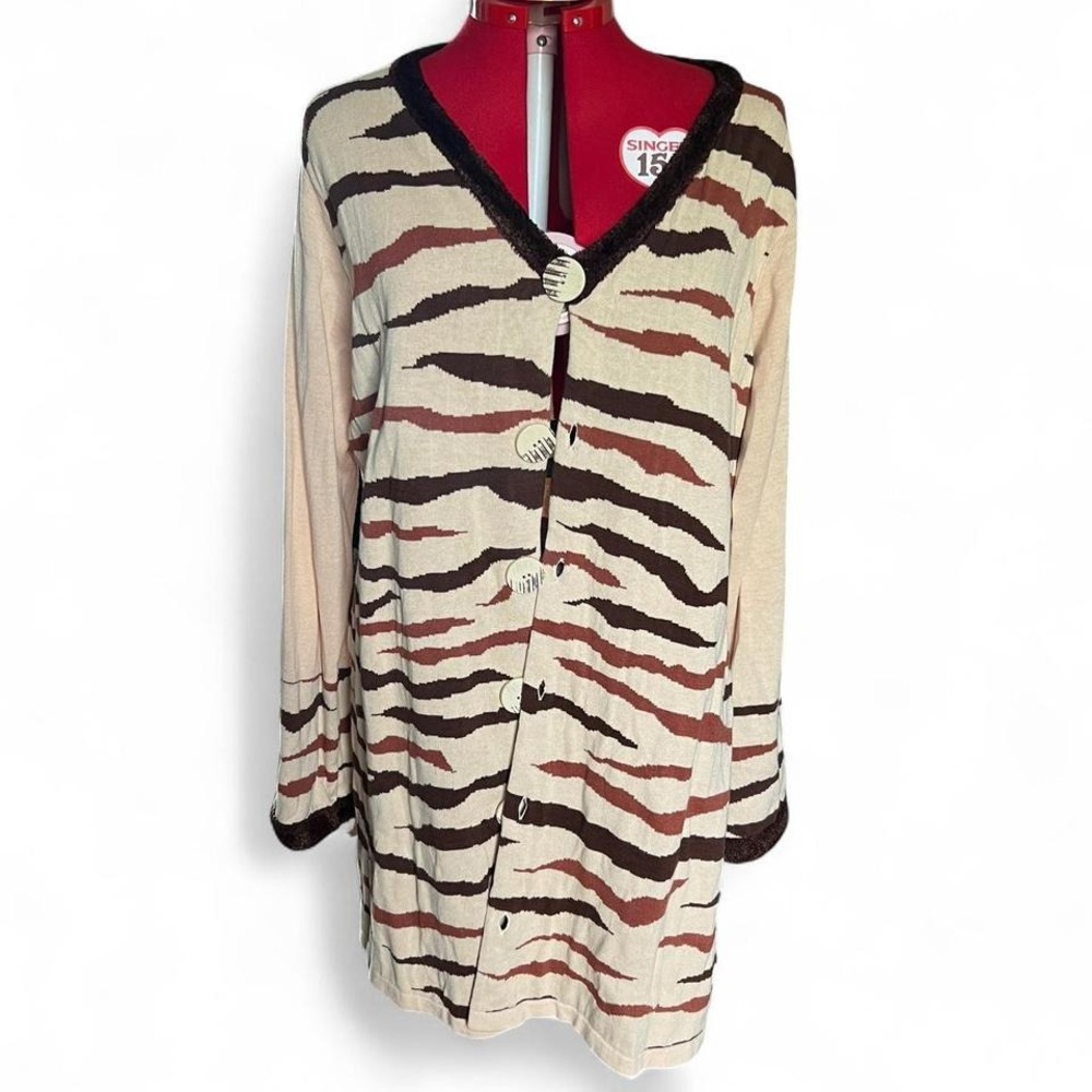 Storybook Knits 1X Tan & Brown Tiger Print Long Cardigan Brown Trim Boho Cozy